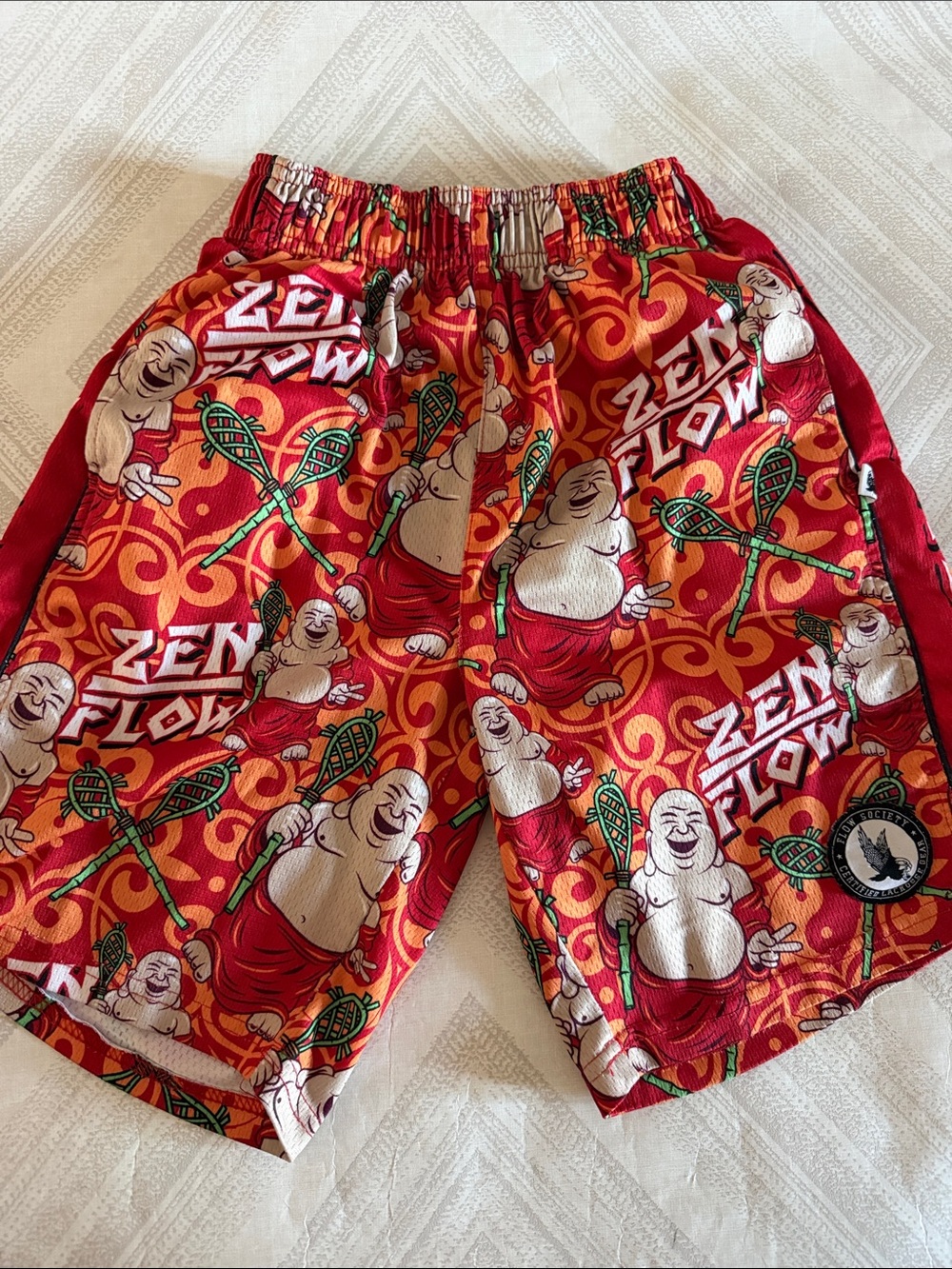Flow Society Boys Shorts Youth Small Orange Red Buddha Lacrosse Print Athletic